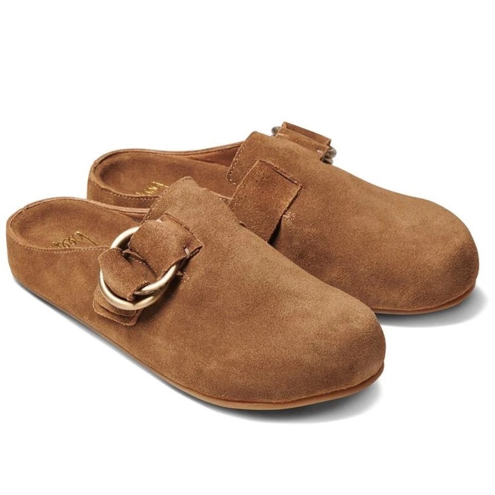 Beek Brown Suede Clogs with Gold Buckle